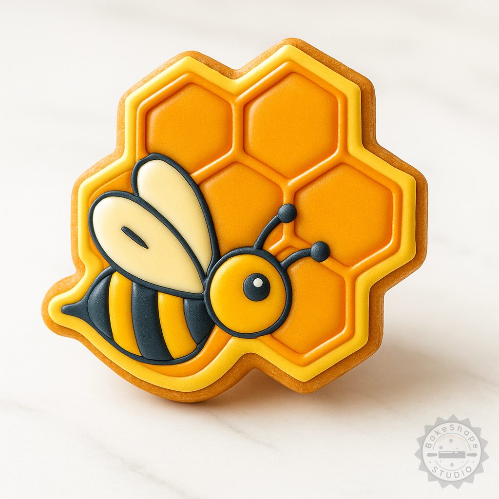 Decorated example 1 of Honeycomb Cookie Cutter and Stamp Set, 6-Piece, Perfect for Cookies and Fondant, S/M/L Hexagon Shapes
