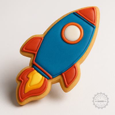 Decorated example 1 of Rocket Cookie & Fondant Cutter and Stamp Set, 3 Sizes, 6 Pieces, Space Craft Design