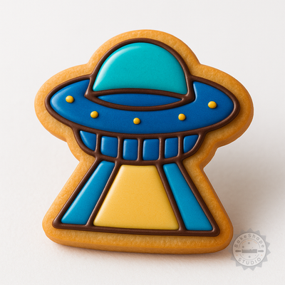 Decorated example 1 of UFO Alien Saucer Cookie Cutter and Stamp Set, Spacecraft Design, 6 pcs, Sizes S/M/L, Perfect for Cookies and Fondant