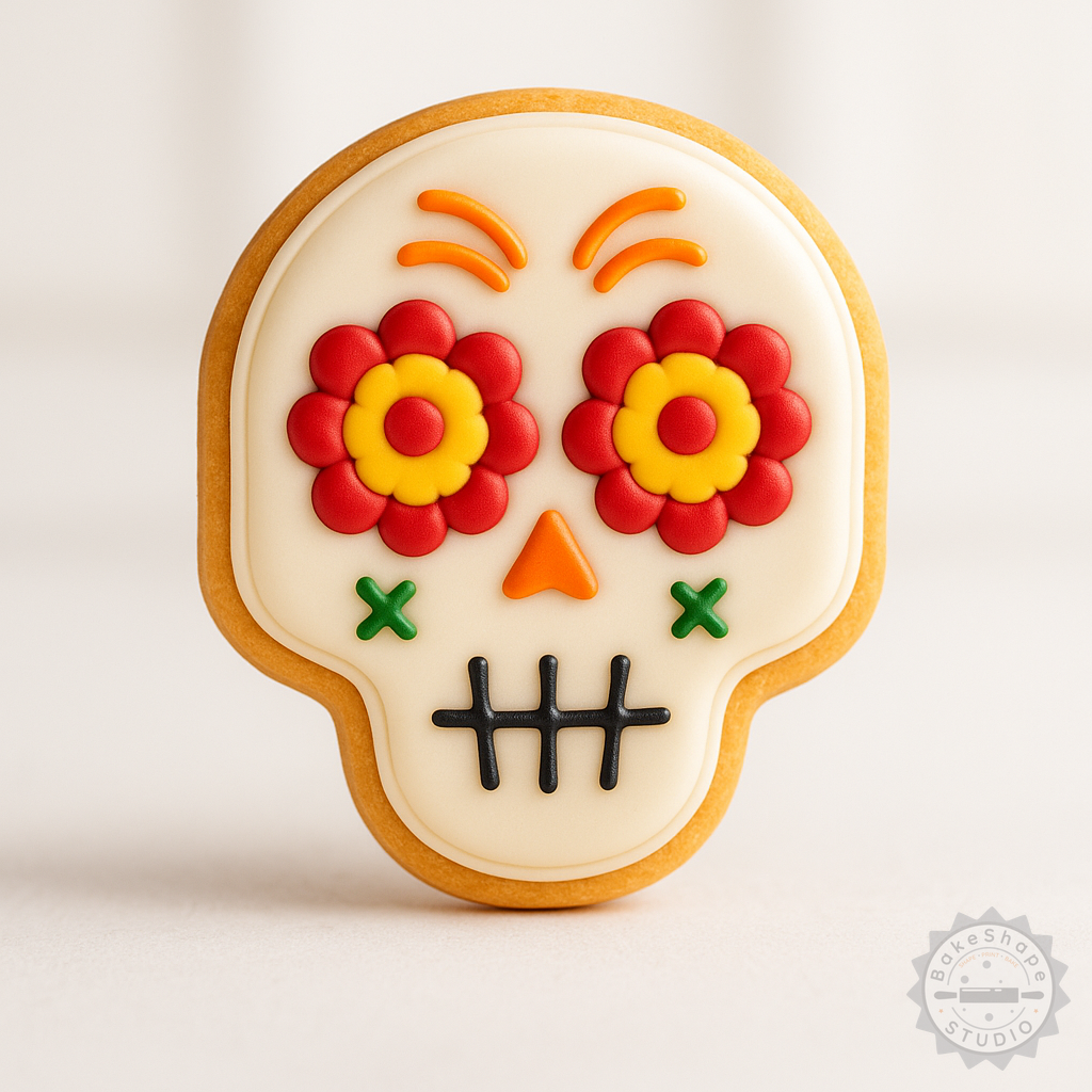 Decorated example 1 of Skull Cookie Cutter Set, Shape Cutter and Stamp for Cookies and Fondant, 6-Piece, Day of the Dead Designs