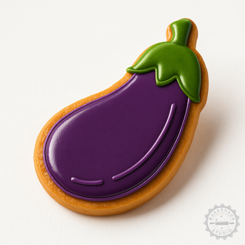 Decorated example 1 of Eggplant Shape Cutter and Stamp Set for Cookies and Fondant, 6 Pieces, S/M/L Sizes