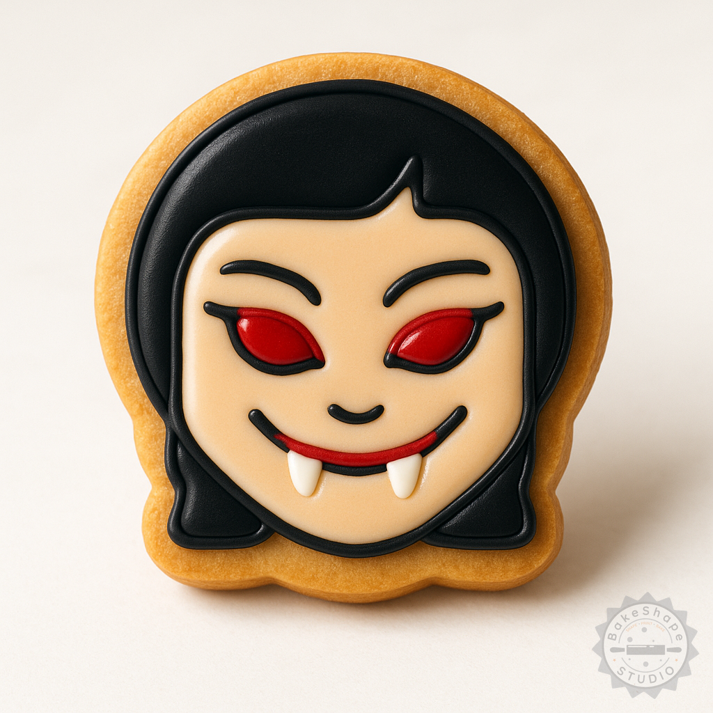 Decorated example 1 of Vampire Girl Shape Cutter & Stamp Set, Halloween Cookie Fondant Tool, Sizes S/M/L, 6 Pcs