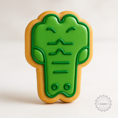 Decorated example 1 of Crocodile Cookie Cutter & Stamp Set, 6-Piece, Reptile Fondant Designs, Alligator Baking Tools