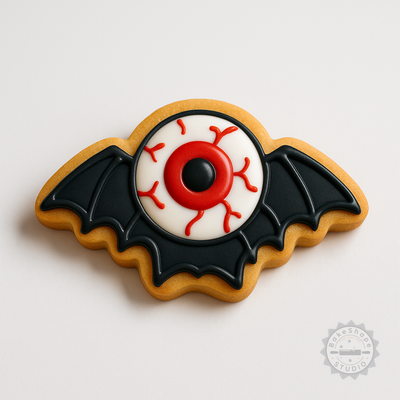 Decorated example 1 of Bat Eyeball Cookie Cutter and Stamp Set, Halloween Eye, 6 Pieces, Spooky Baking Tools