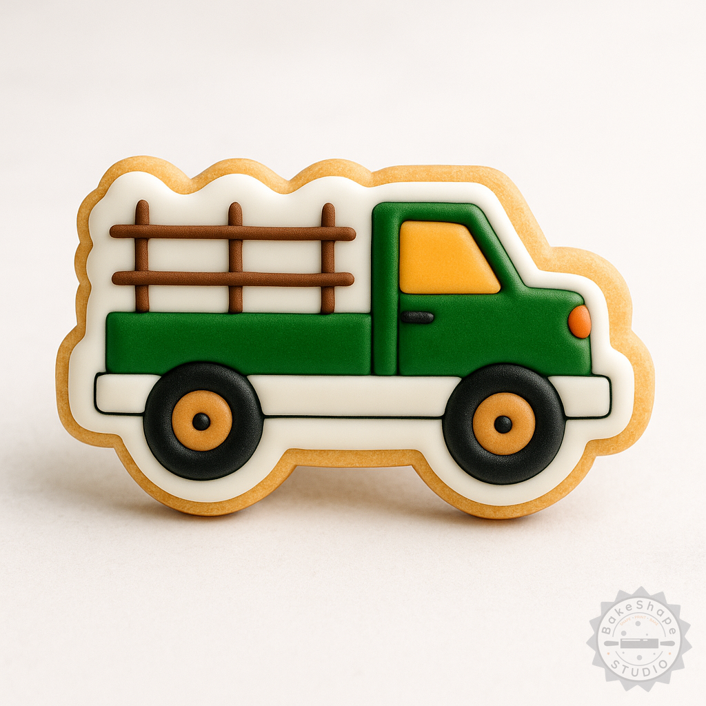 Decorated example 1 of Farm Truck Cookie Cutter & Stamp Set, 6-Piece, S/M/L Sizes, Perfect for Cookies & Fondant