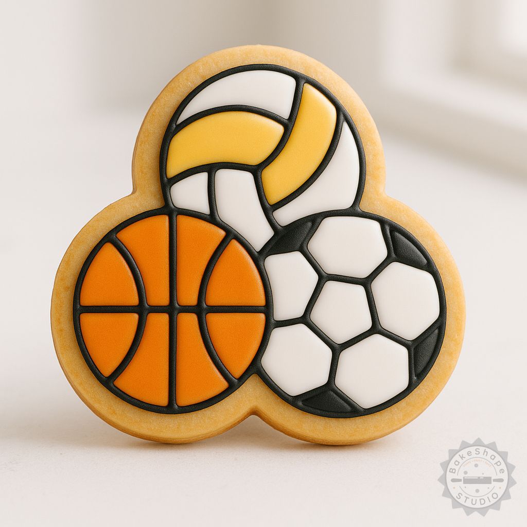 6-piece sports cookie cutter and stamp set STL featuring football, basketball, and volleyball designs for 3D printing