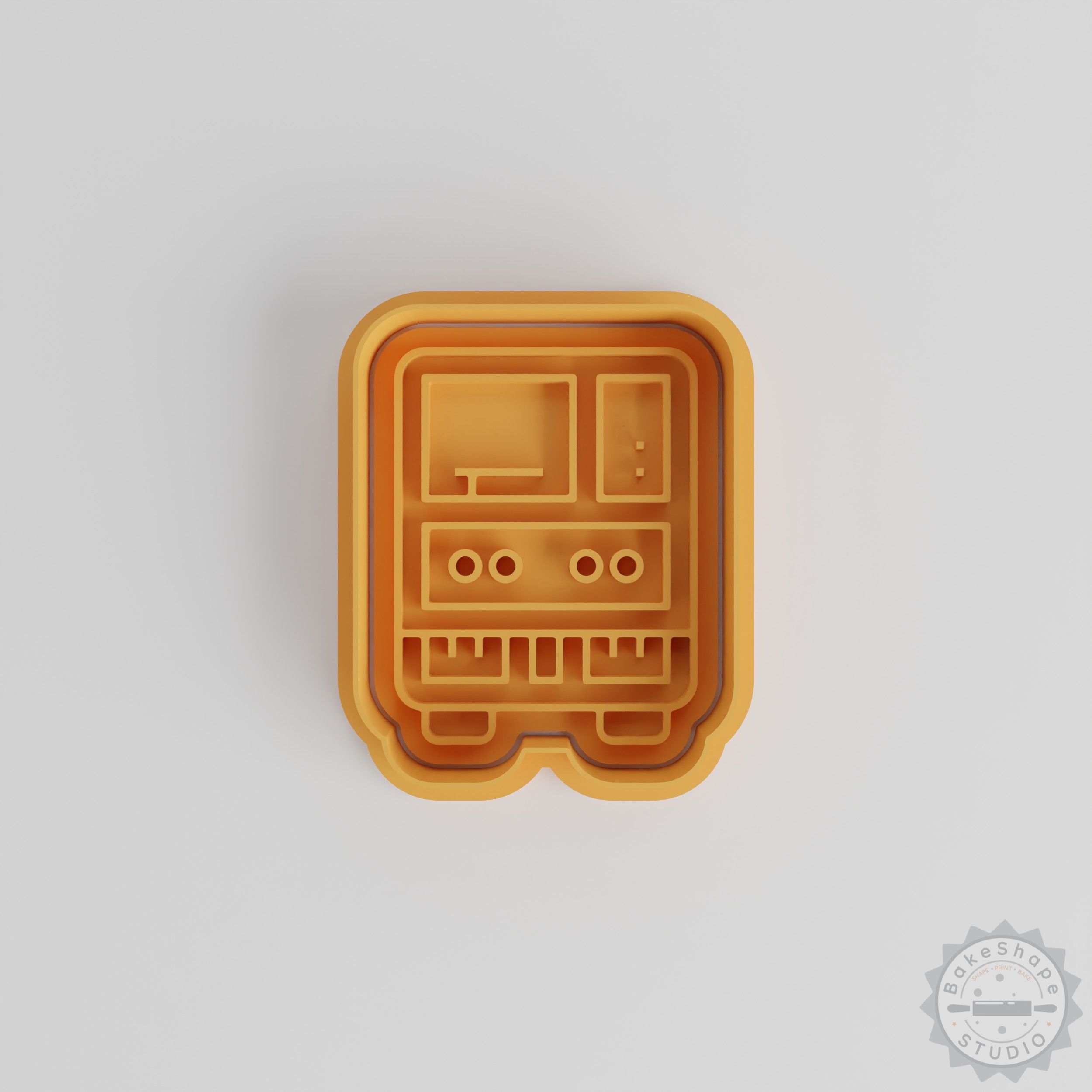 Train shape cookie cutter and stamp set STL for 3D printing, including small, medium, and large sizes for baking and fondant decoration