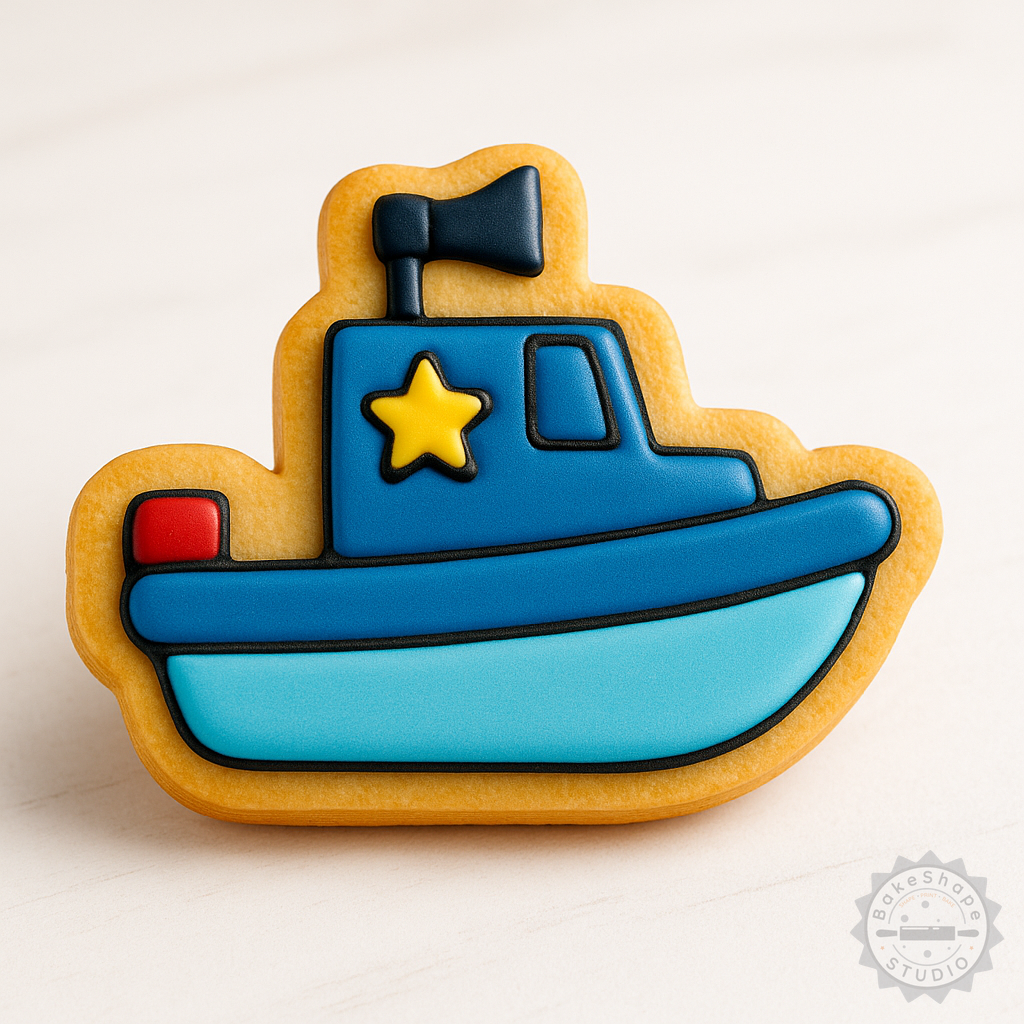 Decorated example 1 of Police Boat Cookie Cutter Set, 6 Piece with Stamp, Perfect for Cookies, Fondant, Patrol Boat Design