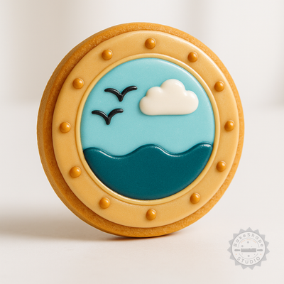 Decorated example 1 of Ship Porthole Cookie Stamp & Cutter Set, 6-Piece Ocean View Baking Tool, Nautical Fondant Shape Set