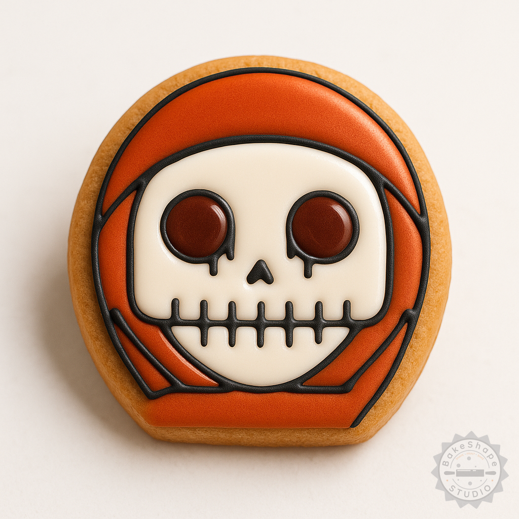 Decorated example 1 of Skull Boy Cookie Shape Cutter and Stamp Set, Halloween Skull Design, Sizes S/M/L
