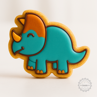Decorated example 1 of Dinosaur Cookie Cutter Set, Styracosaurus Shape, 6-Piece, Perfect for Cookies and Fondant, Jurassic Theme, S/M/L Sizes