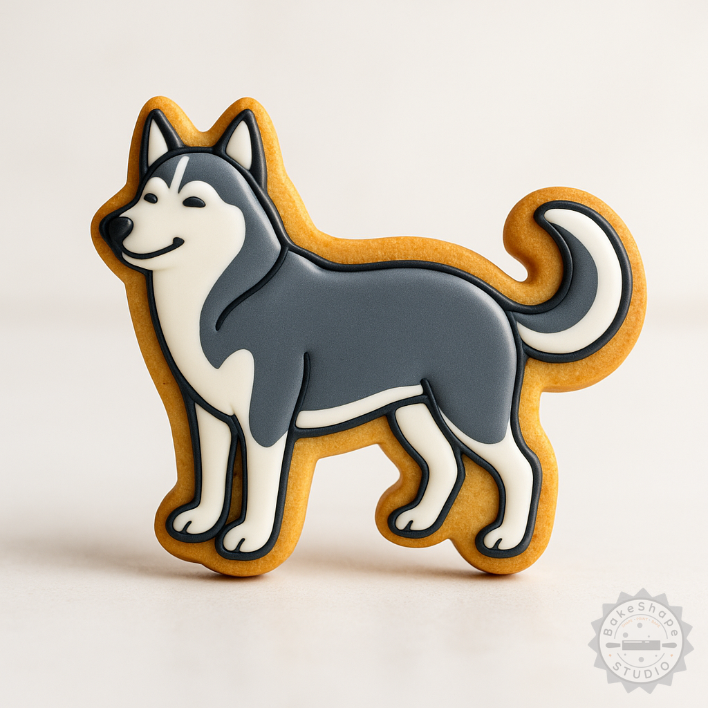 Decorated example 1 of Siberian Husky Cookie Cutter and Stamp Set, 3 Sizes, Perfect for Cookies and Fondant