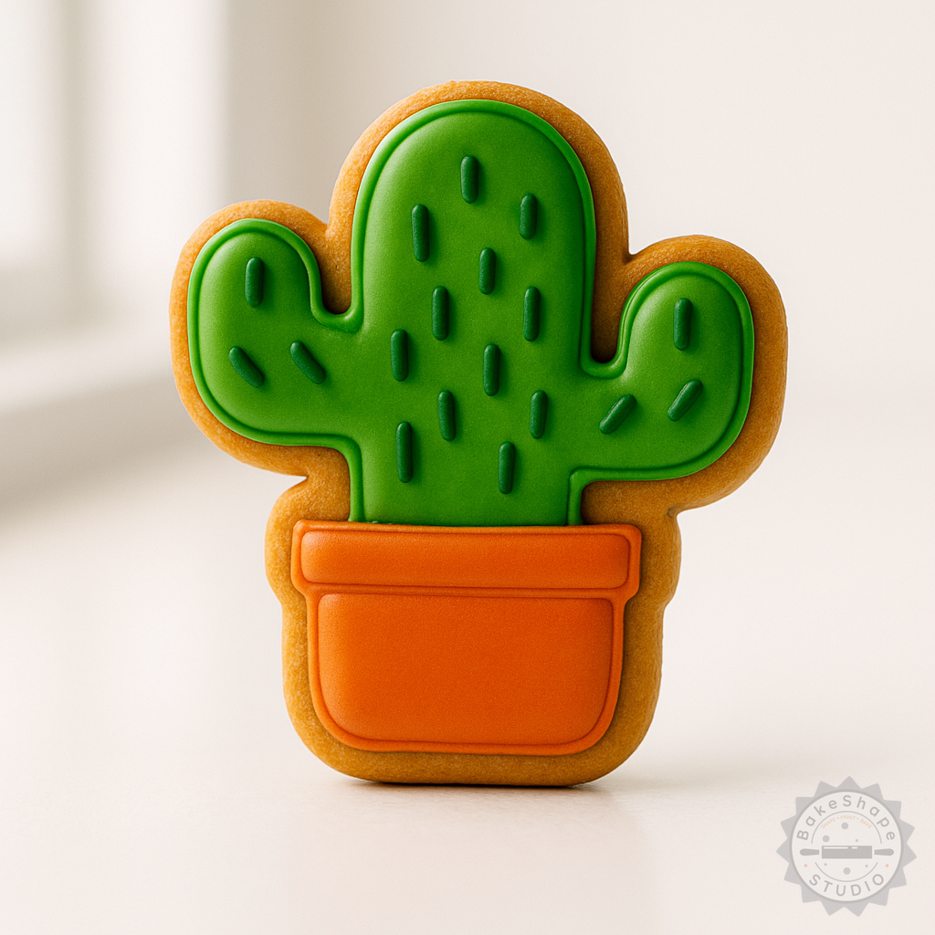 Decorated example 1 of Mini Cactus Cookie Cutter and Stamp Set, Perfect for Fondant, 6-Piece, S/M/L Sizes