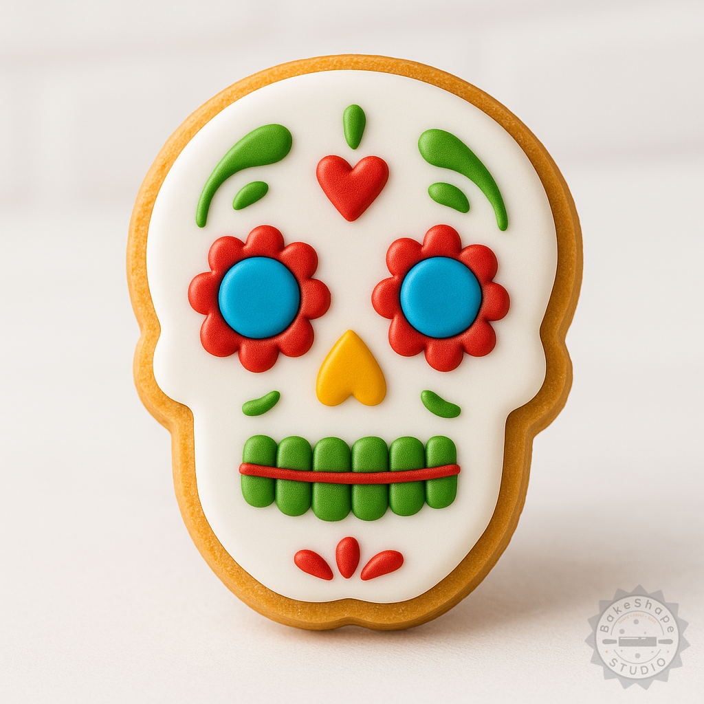 Decorated example 1 of Skull Shape Cutter & Stamp Set, 6 Pieces, Perfect for Cookies & Fondant, Halloween & Day of the Dead