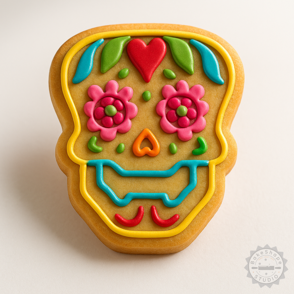 Decorated example 1 of Day of the Dead Skull Cookie Cutter and Stamp Set, 6-Piece, S/M/L Sizes, Fondant Tools