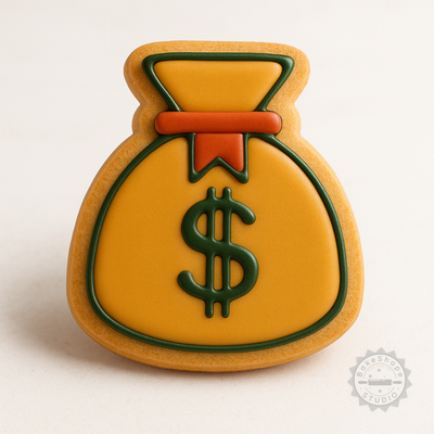 Decorated example 1 of Sack Shape Cutter and Stamp Set for Cookies and Fondant, 6 Pieces, Small Medium Large Sizes