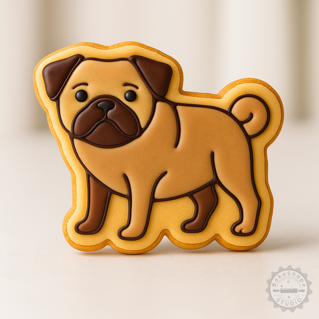 Decorated example 1 of Pug Cookie Fondant Shape Cutter Stamp Set, 6 Pieces, 3 Sizes S/M/L, Perfect for Dog Breed, Puppy Face Designs