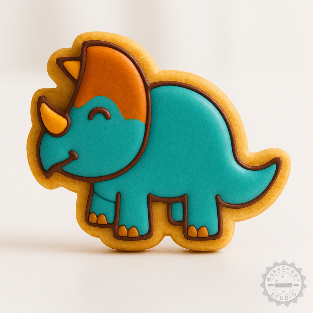 Decorated example 1 of Dinosaur Cookie Cutter Set, Styracosaurus Shape, 6-Piece, Perfect for Cookies and Fondant, Jurassic Theme, S/M/L Sizes