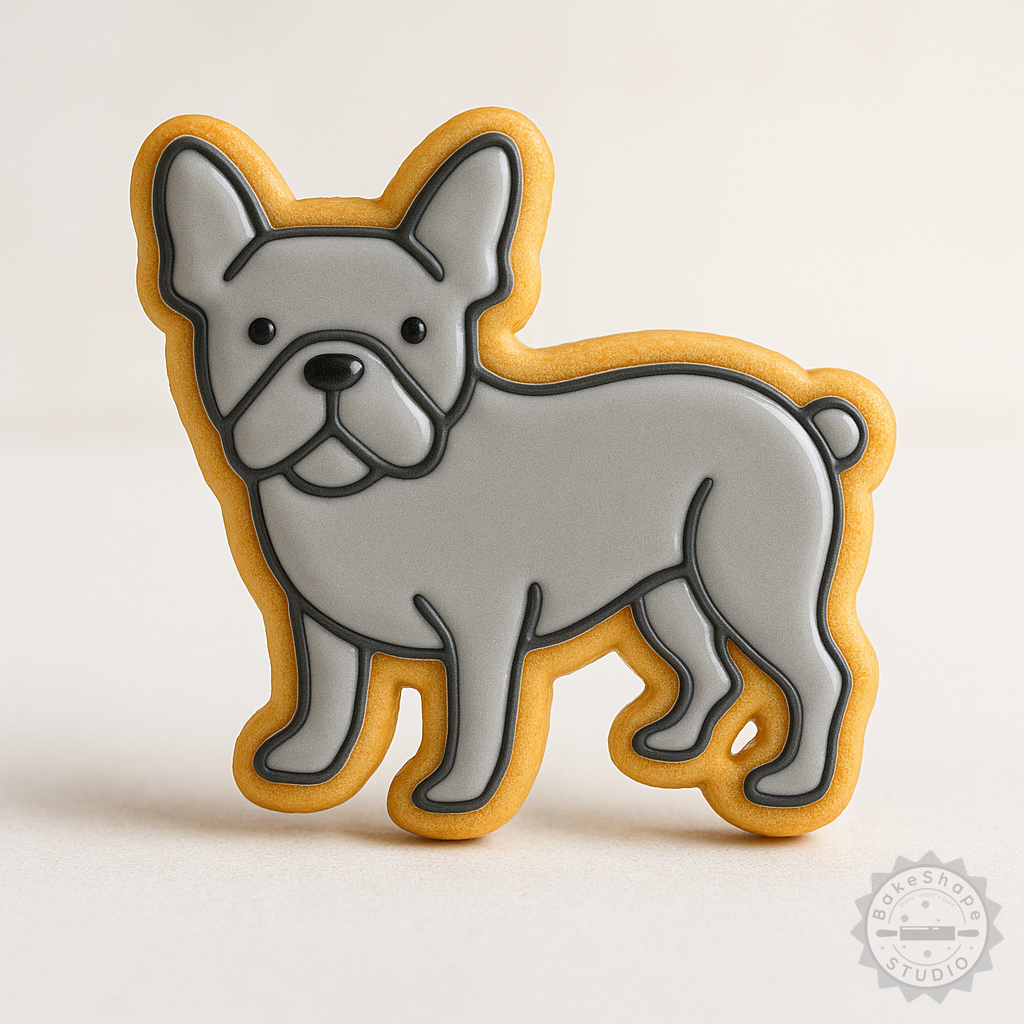 Decorated example 1 of French Bulldog Cookie Cutter and Stamp Set, 6-Piece, S/M/L Sizes for Cookies and Fondant