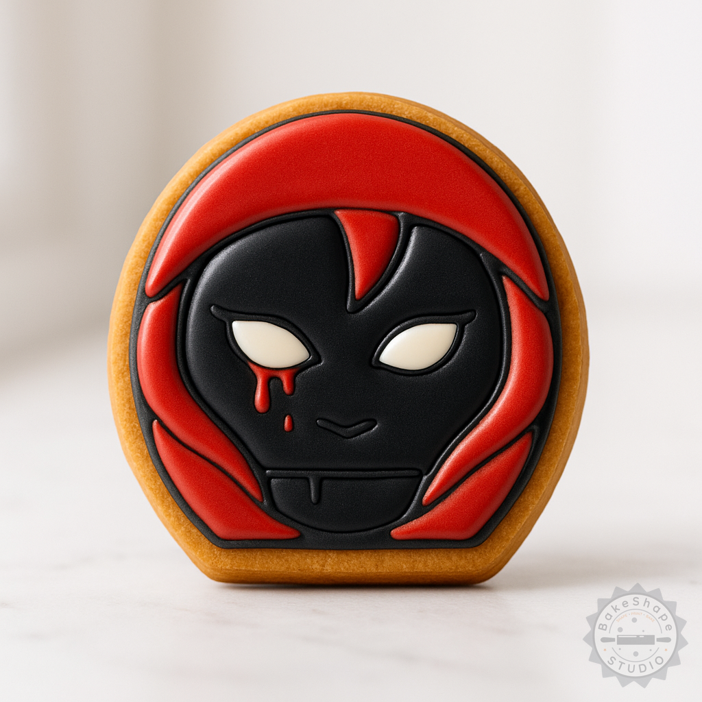 Decorated example 1 of Hooded Demon Cookie Cutter Set, Fondant Stamp, Halloween Demon Shape, 3 Sizes, 6 Pc Baking Tool Collection