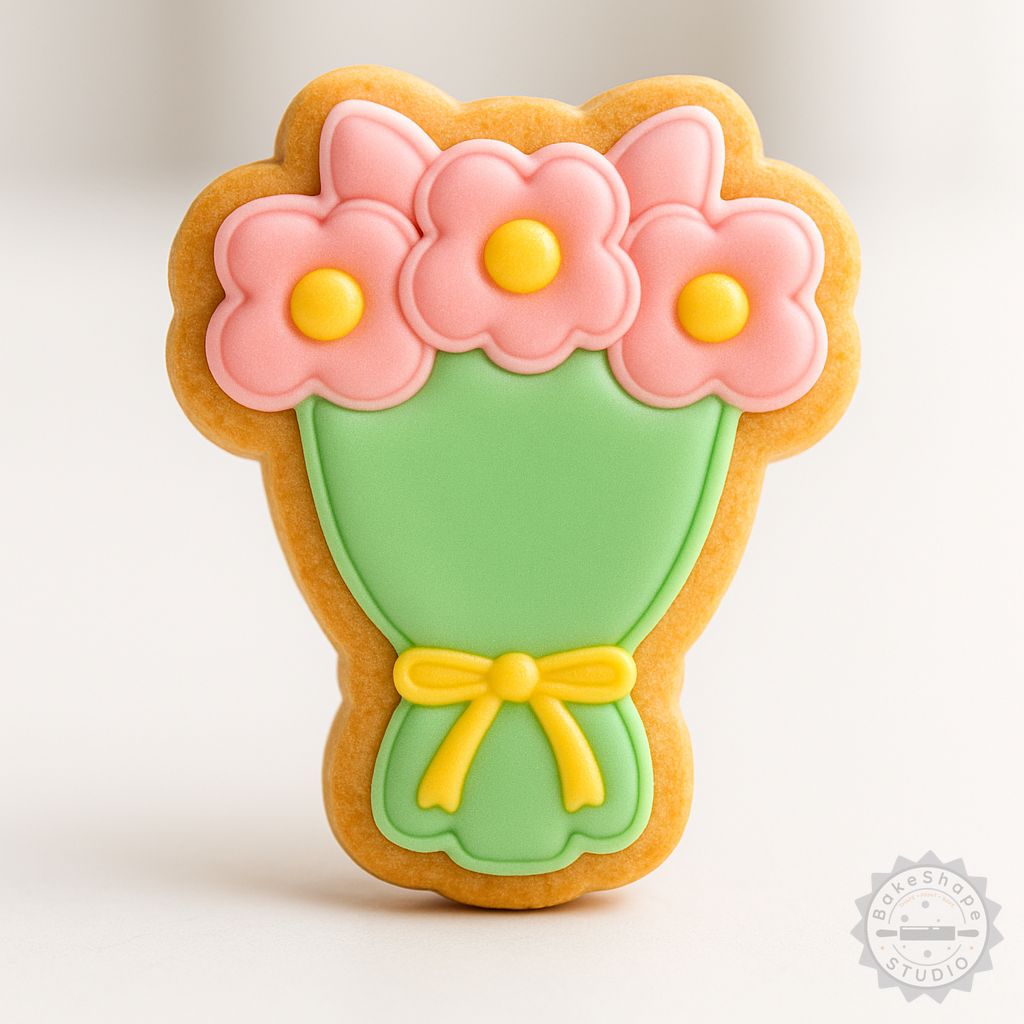 Flower bouquet cookie cutter and stamp STL set for 3D printing in small, medium, and large sizes