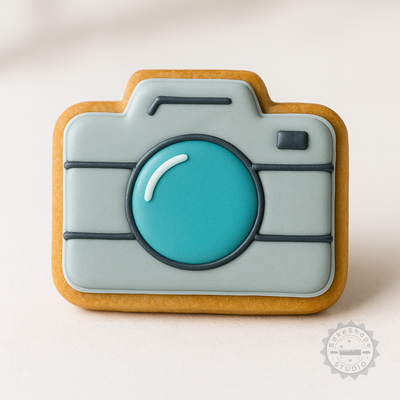 Decorated example 1 of Camera Shape Cutter & Stamp Set, Perfect for Cookies, Fondant, Photography-themed, 3 Sizes, 6 Pieces