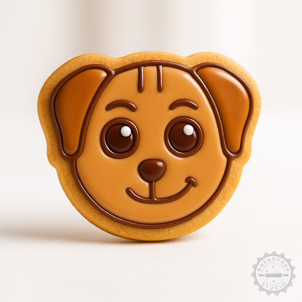 Decorated example 1 of Smirk Shape Cutter & Stamp Set for Cookies & Fondant, 6-Piece, Dog Emoji Designs