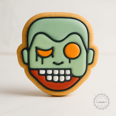 Decorated example 1 of Zombie Boy Halloween Cookie Cutter Set, 6-Piece Shape and Stamp for Fondant, S/M/L Sizes
