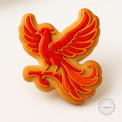Decorated example 1 of Phoenix Fondant & Cookie Cutter Set, Fire Bird Design, 3 Sizes S/M/L, 6 Pieces