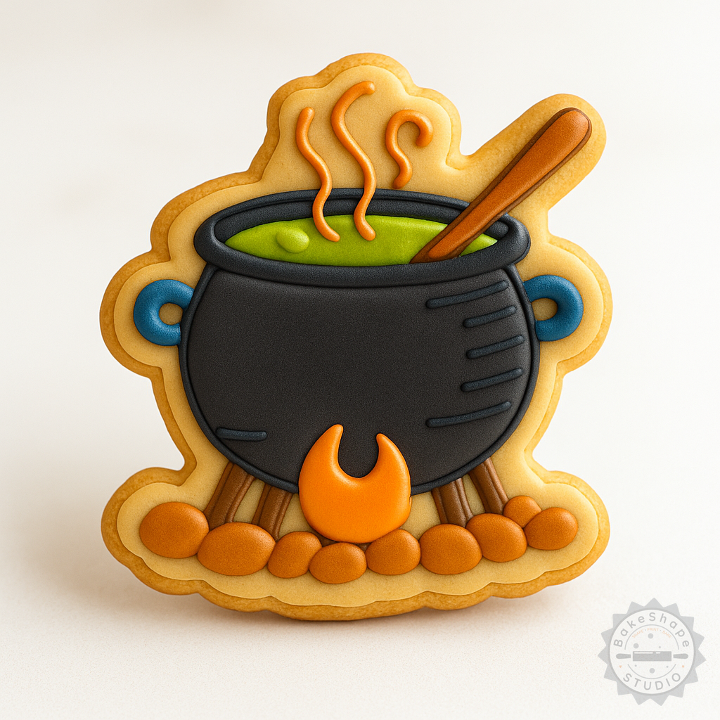 Decorated example 1 of Cauldron Cookie Cutter and Stamp Set, 6-Piece Magic Pot, Halloween, Potion, Witch Fondant Shapes, S/M/L Sizes