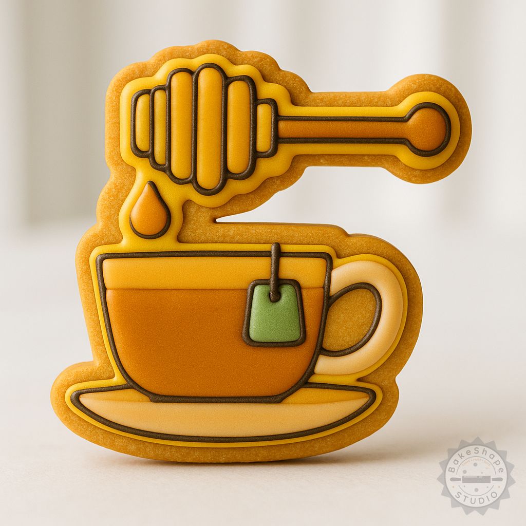 Honey Tea cookie cutter and stamp set STL for 3D printing, featuring small, medium, and large cutters for cookies and fondant