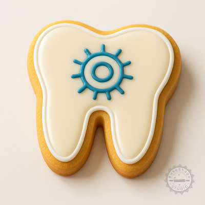 Decorated example 1 of Dental Care Cookie Cutter and Stamp Set, Perfect for Cookie and Fondant Designs, 6 Pieces, S/M/L Sizes