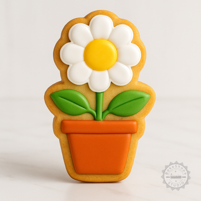 Decorated example 1 of Potted Daisy Shape Cutter and Stamp Set for Cookies and Fondant, Includes 6 Pieces, Sizes S/M/L