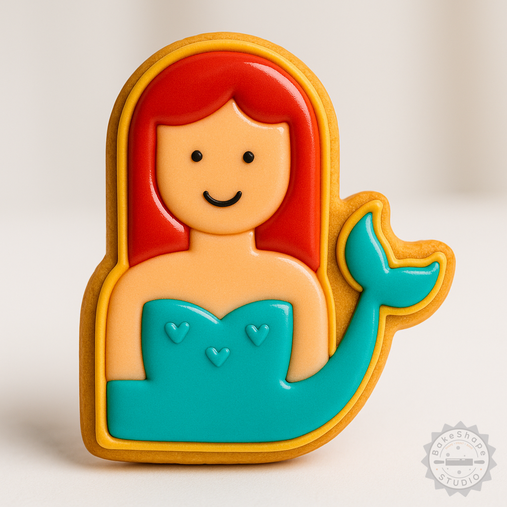 Decorated example 1 of Mermaid Cookie, Fondant Shape Cutter, Stamp Set, S/M/L Sizes - 6 Piece Fairy-tale, Fantasy Design