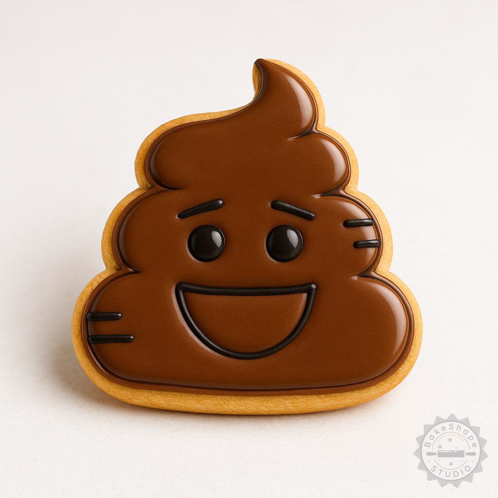 Decorated example 1 of Poop Emoji Cookie Cutters, Fondant Stamps Set, Smiling Poop Face, 6 Piece S/M/L Sizes