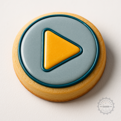 Decorated example 1 of Play Button Cookie, Fondant Cutter & Stamp Set, 6-Piece Collection in S/M/L Sizes