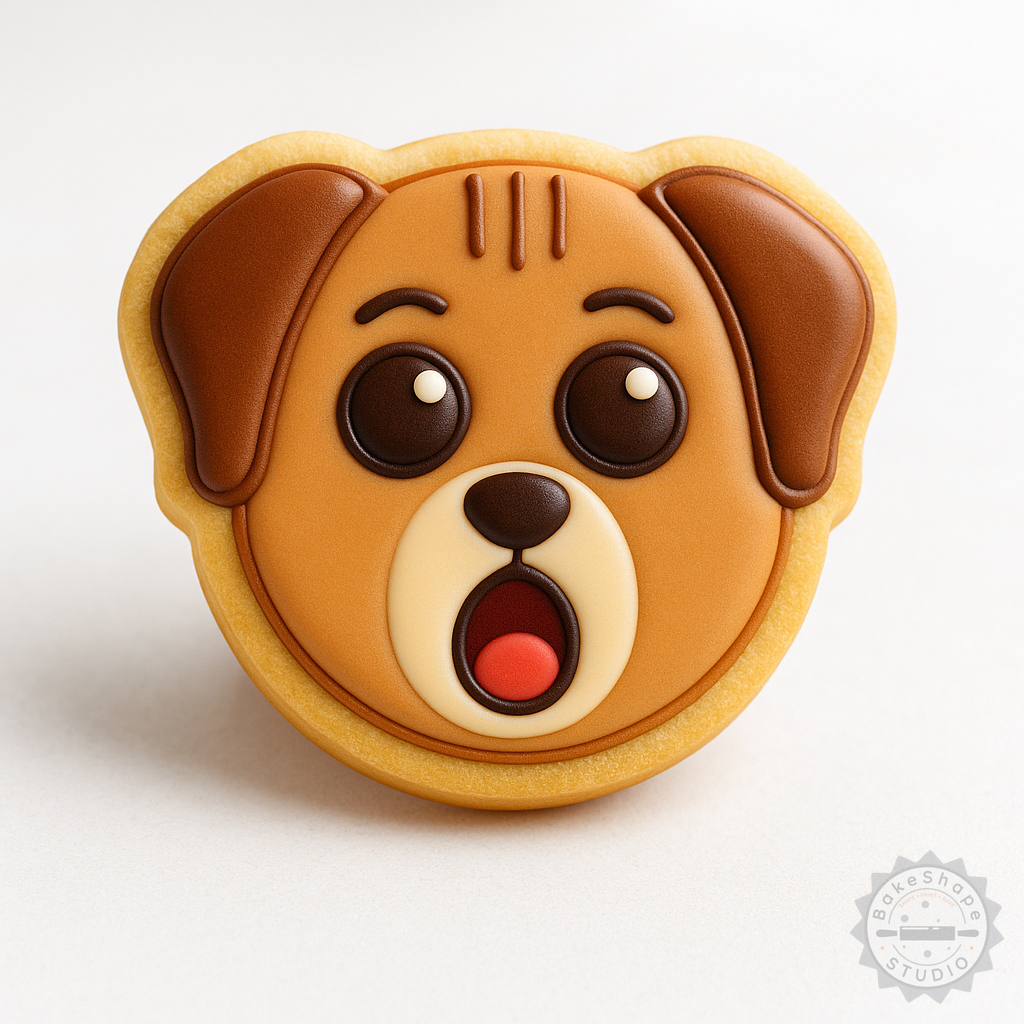 Decorated example 1 of Yawn Shape Cutter and Stamp for Cookies and Fondant, Dog Emoji Design, 6-Piece Set, Sizes S/M/L