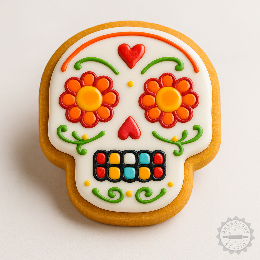 Decorated example 1 of Skull Shape Cookie Cutter and Stamp Set, 6-Piece, S/M/L, Calavera Design, Day of the Dead Baking Tools