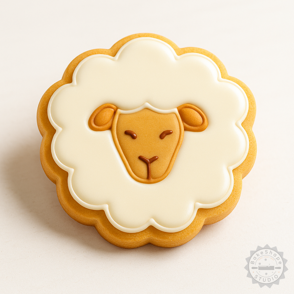 Decorated example 1 of Sheep Cookie Cutter and Stamp Set, 6 Piece, S/M/L Sizes for Fondant, Baking, Farm Animal Design
