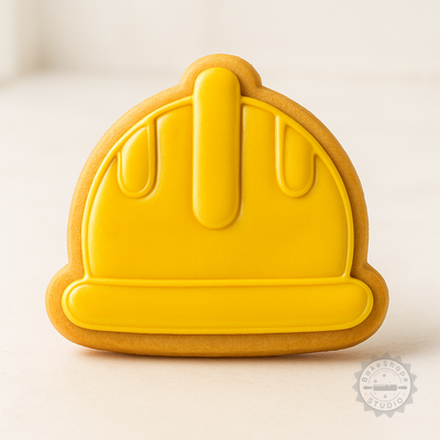 Decorated example 1 of Hard Hat Cookie Cutter Set, Safety Helmet Shape Stamp, 6-Piece, S/M/L Sizes for Cookies, Fondant
