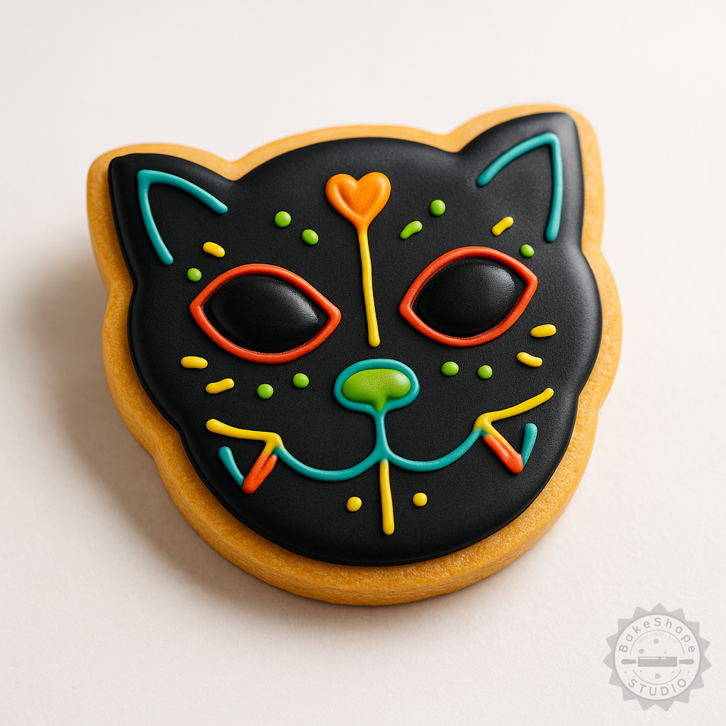 Decorated example 1 of Cat Cookie Cutter and Stamp Set, Day of the Dead Sugar Skull Designs, 3 Sizes, 6 Pieces