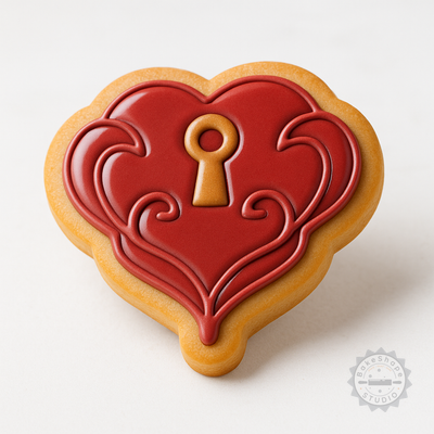 Decorated example 1 of Locked Heart Cookie Fondant Cutter & Stamp Set, Heart Design, 3 Sizes, 6 Pieces