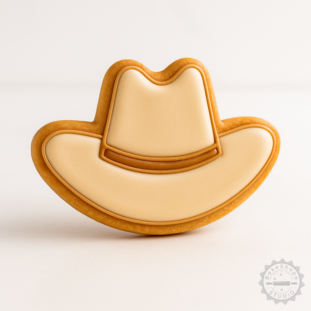 Decorated example 1 of Cowboy Hat Cookie Cutter and Stamp Set, 6-Piece, S/M/L Sizes, Western Baking Decor