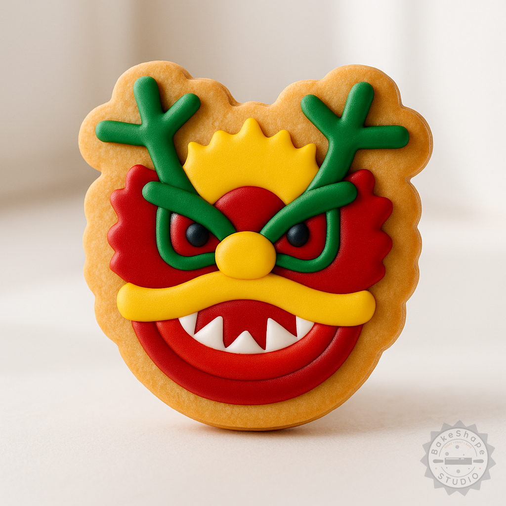 Decorated example 1 of Dragon Cookie Fondant Cutter & Stamp Set, Fire Beast Mythical Creature Mold, 6-Piece Sizes S/M/L Collection