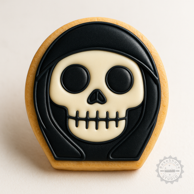 Decorated example 1 of Grim Reaper Cookie Cutter and Stamp, S/M/L Sizes, Halloween, Horror Baking Tool Set