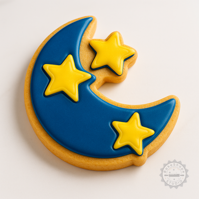 Decorated example 1 of Moon Cookie Cutter and Stamp Set, 6-Piece, Perfect for Cookies & Fondant, S/M/L Sizes, Lunar Night Sky Design