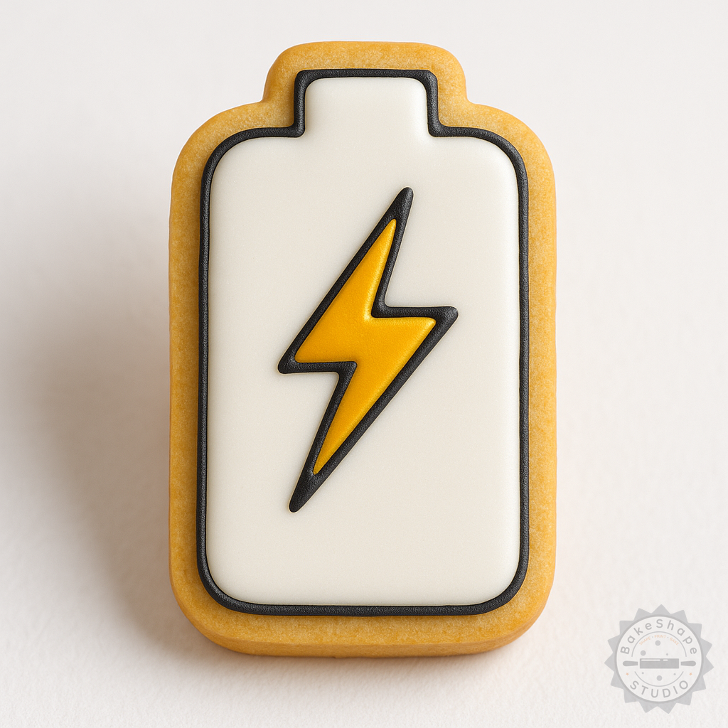 Decorated example 1 of Battery Energy Cell Set, Shape Cutter and Stamp for Cookies and Fondant, 6-Piece Pack, S/M/L Sizes