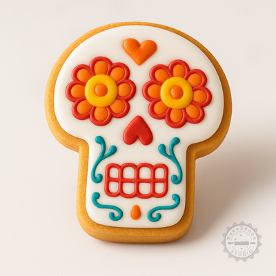 Decorated example 1 of Skull Cookie Cutter Set, 6-Piece, Skull Shapes for Cookies & Fondant in Day of the Dead Style, Sizes S/M/L