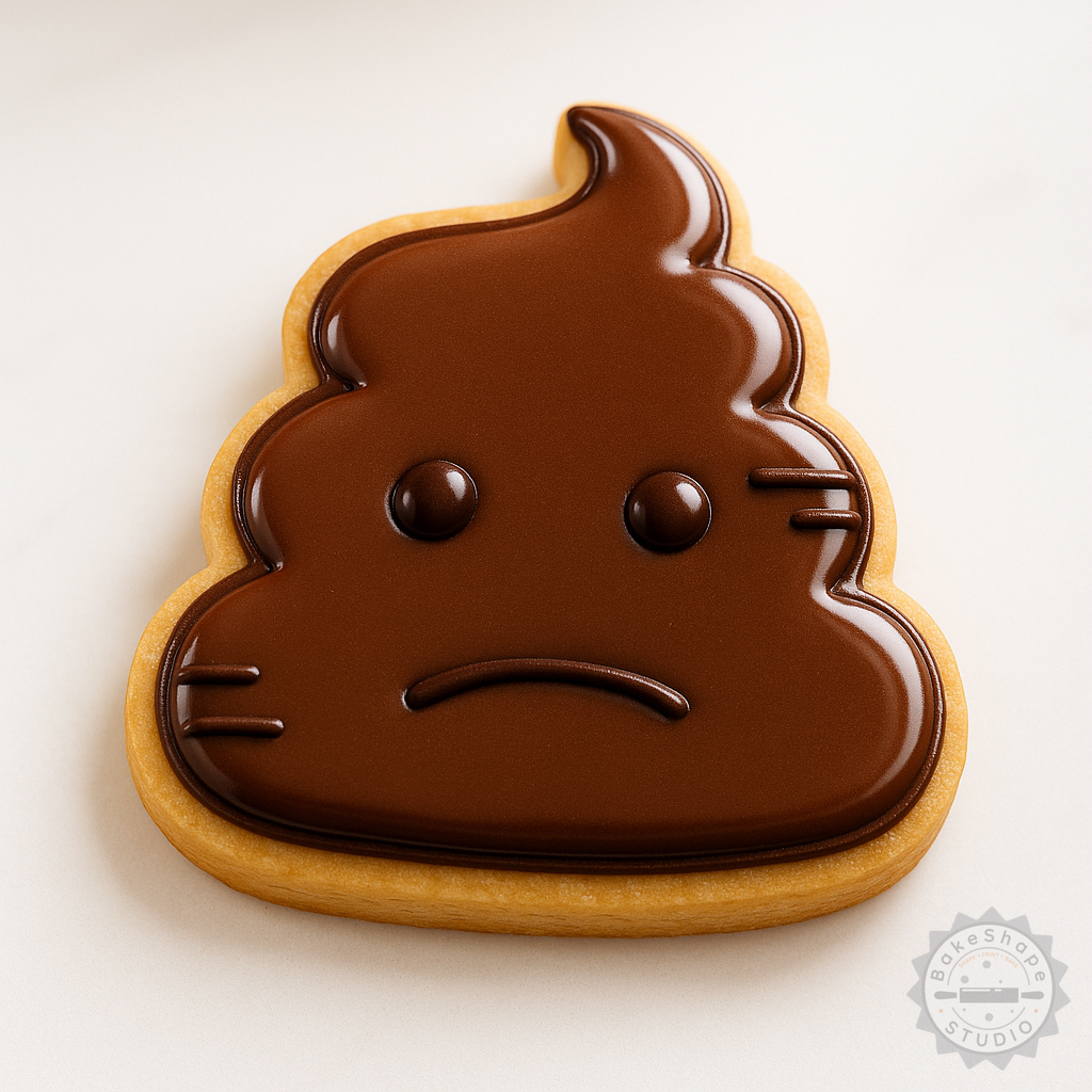 Decorated example 1 of Poop Emoji Cookie Cutter and Stamp Set, 6-Piece, Frown Emoji Design, Perfect for Cookies and Fondant, Sizes S/M/L