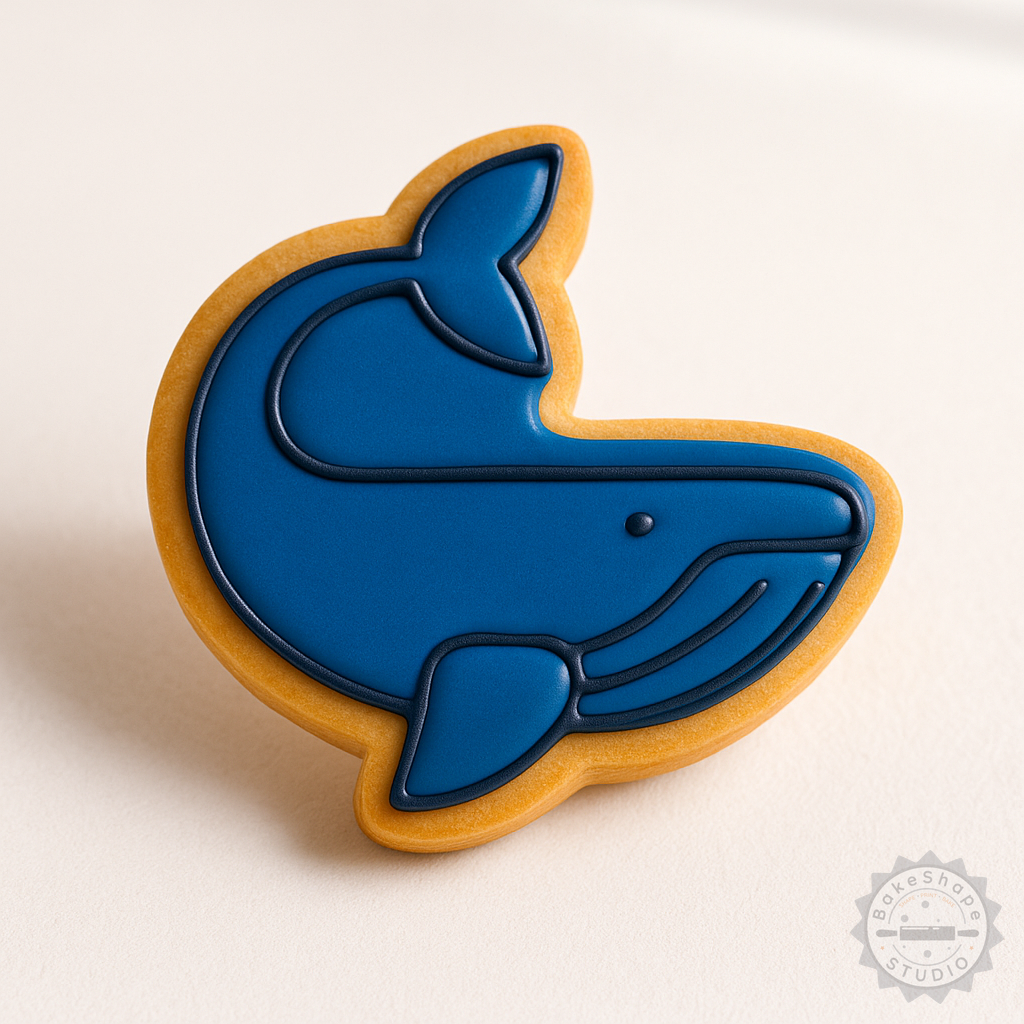 Decorated example 1 of Whale Shape Cutter and Stamp Set for Cookies, Fondant, 6 Pieces, 3 Sizes (S/M/L)